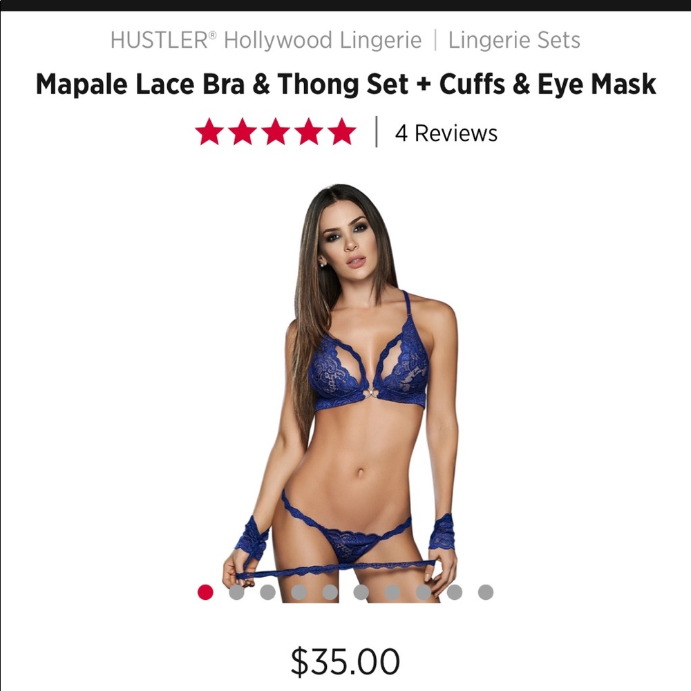 Laced bra, thing and eye mask set with lace cuffs